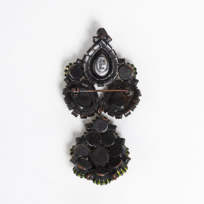 DEEP & RICH EMERALD GREENS and AMBER with AIRY YELLOW HOBE 2 PCE BROOCH PIN with DANGLE KINETIC MOVEMENT JAPANNED BACK SIGNED
