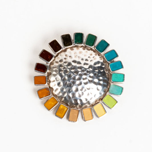 BEAUTIFULLY MADE SILVER & ENAMEL ARTISAN STUDIO FLOWER/ SUN PIN | OMBRE RAINBOW BROOCH