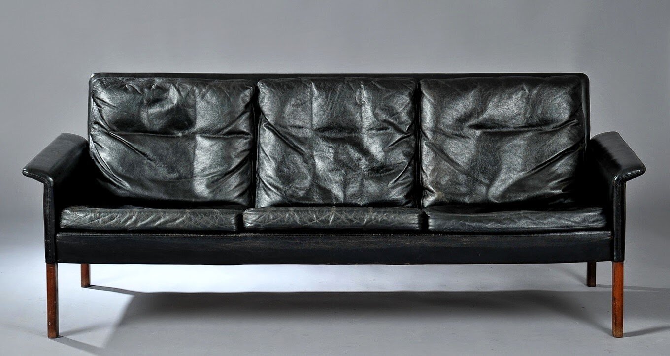 HANS OLSEN BLACK LEATHER / DOWN CUSHIONS 3 SEATER SOFA COUCH #500 SET