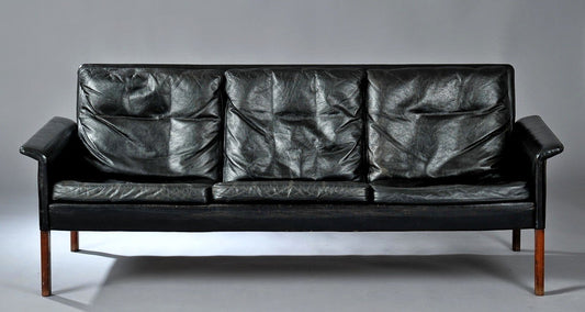 HANS OLSEN BLACK LEATHER / DOWN CUSHIONS 3 SEATER SOFA COUCH #500 SET