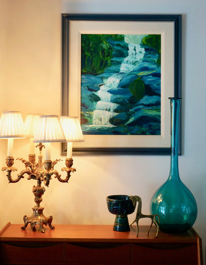 STUNNING COLORS FOREST WATERFALL LANDSCAPE PAINTING FRAMED by K.MASUDA