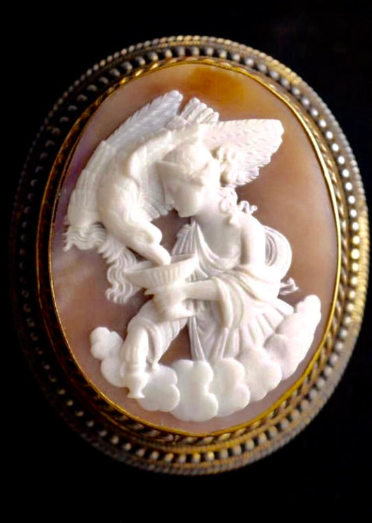 HEBE FEEDS ZEUS's EAGLE SIGNED ITALIAN LARGE SHELL CARVED CAMEO