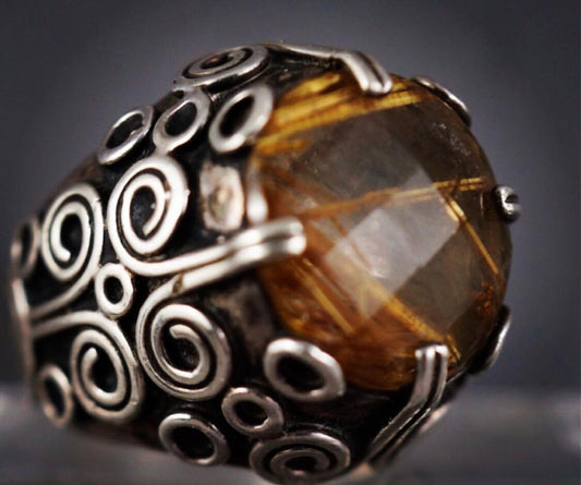 UNISEX MASSIVE RUTILATED QUARTZ MODERNIST STERLING SILVER RING, SIZE 8.5-9