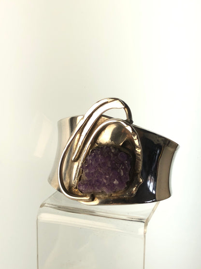 ORGANIC STYLE BRUTALIST RAW AMETHYST & STERLING SILVER ARTISAN CUFF BRACELET MODERNIST
