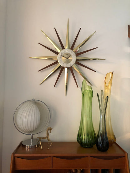 FANTASTIC TEAK & BRASS STARBURST | SUNBURST WALL CLOCK