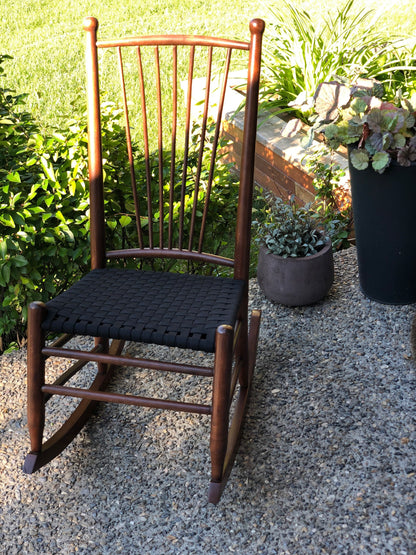 SCANDINAVIAN COTTAGE STYLE VINTAGE ROCKER w/ REWOVEN BLACK RIBBON SEAT
