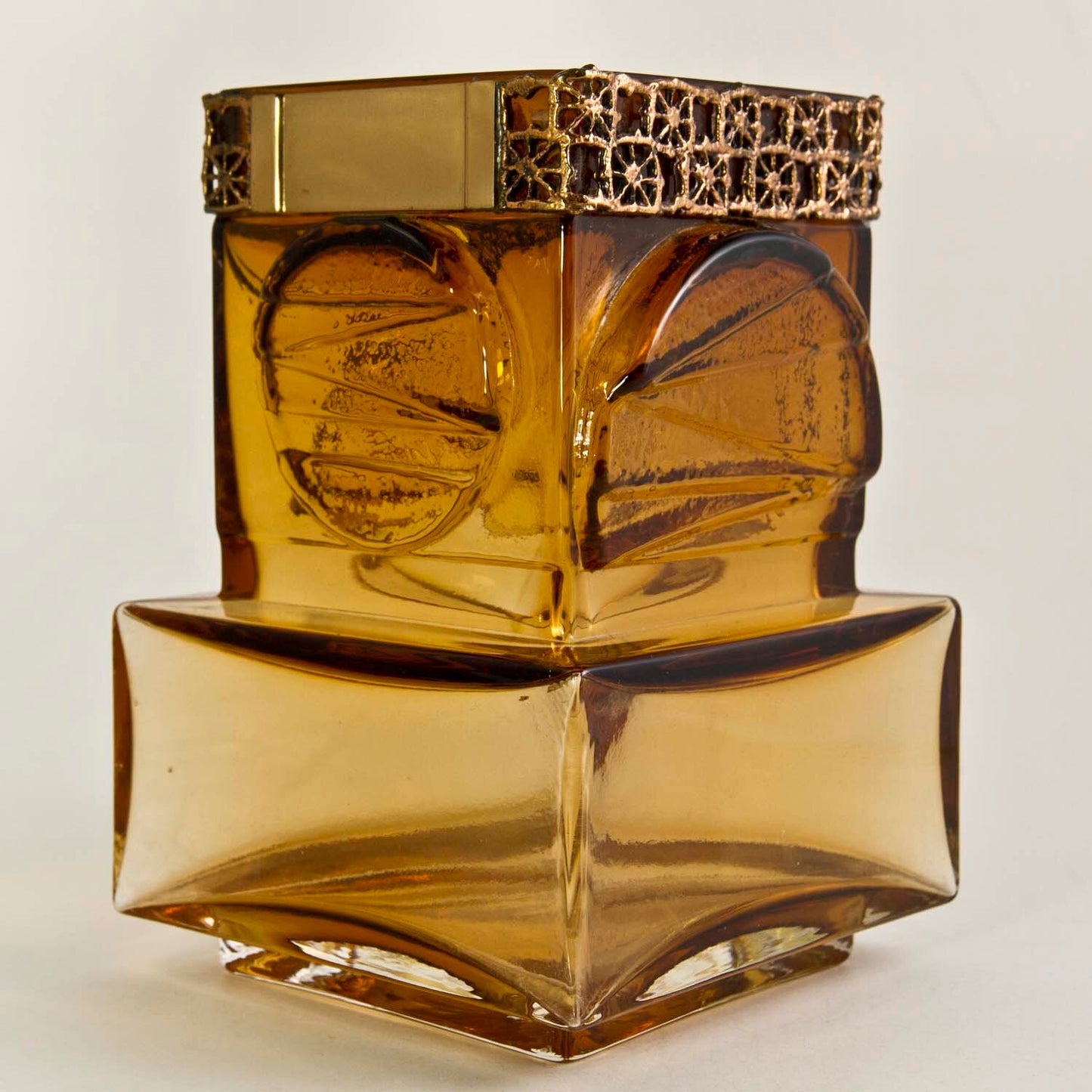 RIIHIMAKI KUMELA AMBER GLASS VASE w/ PENTTI SARPANEVA CAST BRONZE