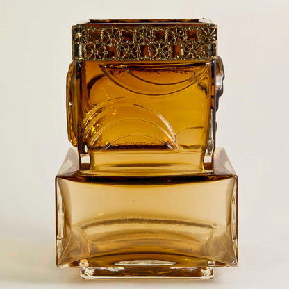 RIIHIMAKI KUMELA AMBER GLASS VASE w/ PENTTI SARPANEVA CAST BRONZE
