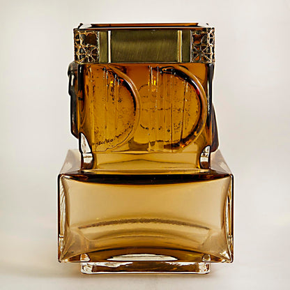 RIIHIMAKI KUMELA AMBER GLASS VASE w/ PENTTI SARPANEVA CAST BRONZE