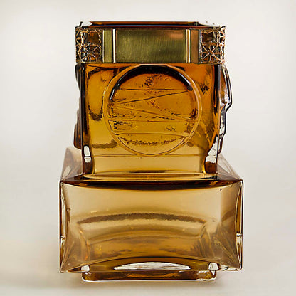 RIIHIMAKI KUMELA AMBER GLASS VASE w/ PENTTI SARPANEVA CAST BRONZE