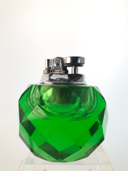DEEP EMERALD GREEN CUT GLASS TABLETOP LIGHTER 1950's