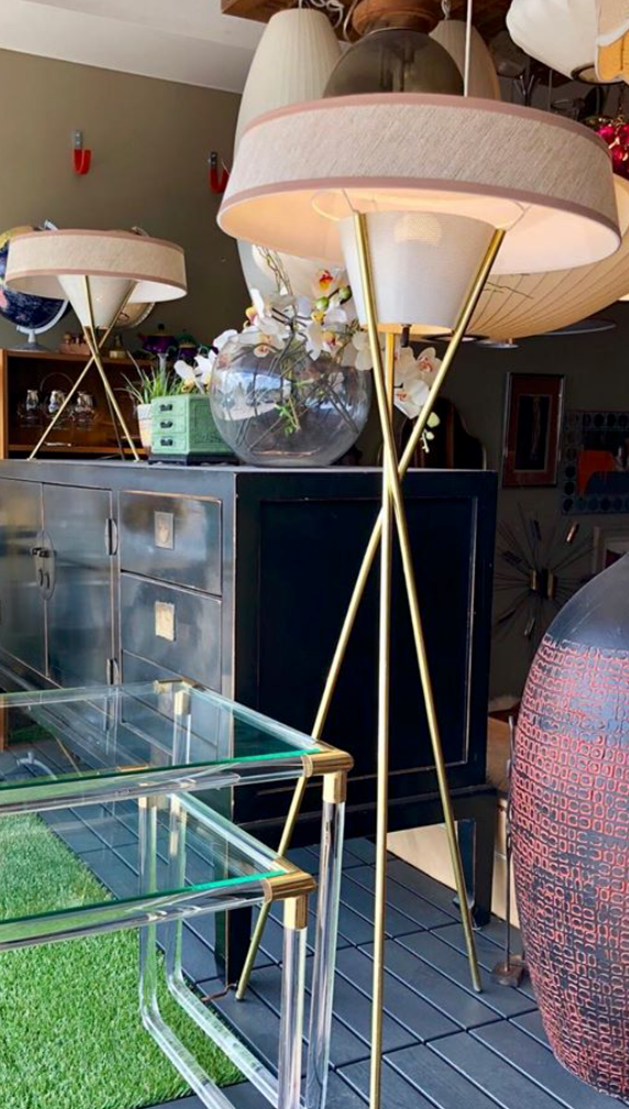 GERALD THURSTON for LIGHTOLIER TRIPOD BASE FLOOR LAMP w/ NEW CUSTOM LAMPSHADE