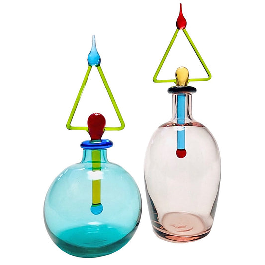 ITALIAN GLASS HAND-BLOWN PERFUME DECANTER SET MURANO MEMPHIS ERA PAIR