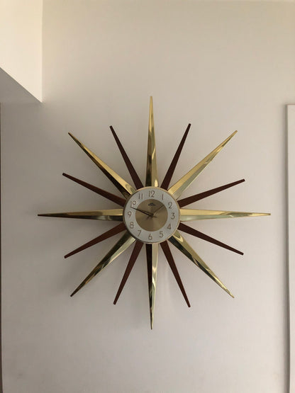 FANTASTIC TEAK & BRASS STARBURST | SUNBURST WALL CLOCK