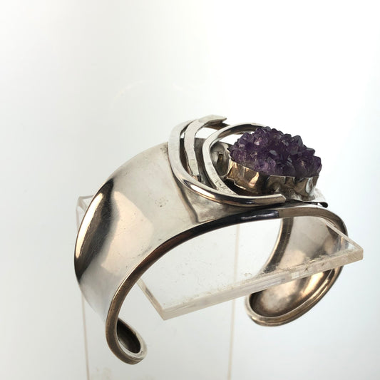 ORGANIC STYLE BRUTALIST RAW AMETHYST & STERLING SILVER ARTISAN CUFF BRACELET MODERNIST