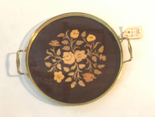 ROUND ITALIAN MARQUETRY & BRASS SERVING TRAY