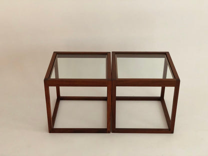 PAIR KAI KRISTIANSEN STYLE GLASS & TEAK CUBE TABLES