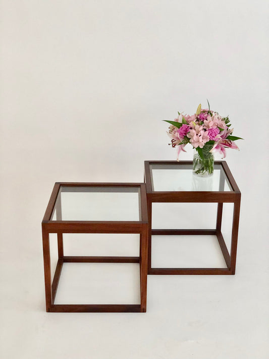 PAIR KAI KRISTIANSEN STYLE GLASS & TEAK CUBE TABLES