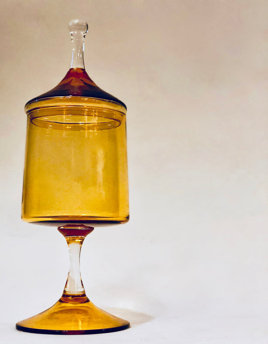 ITALIAN AMBER & CLEAR GLASS LIDDED EMPOLI JAR