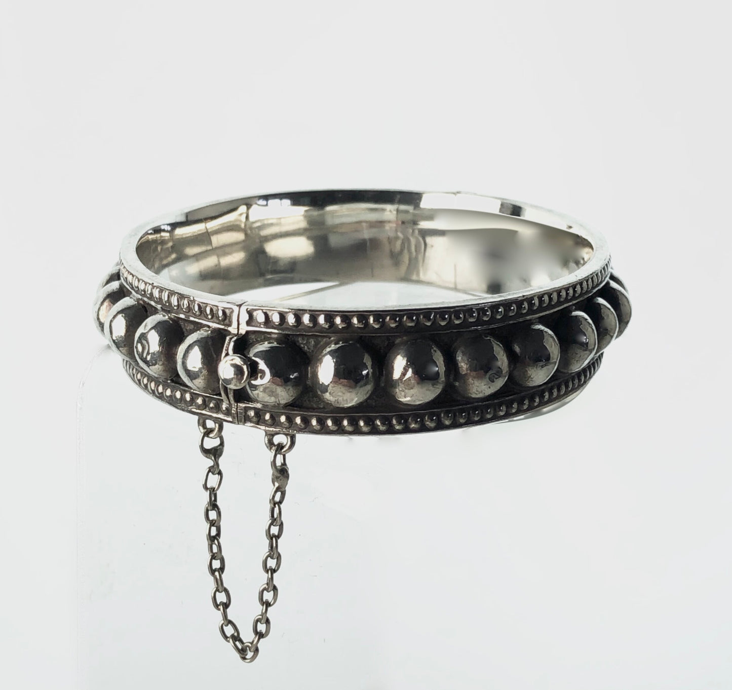 HANDCRAFTED MODERNIST PORTUGUESE STERLING SILVER BANGLE BRACELET w/ SAFETY CHAIN