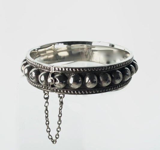 HANDCRAFTED MODERNIST PORTUGUESE STERLING SILVER BANGLE BRACELET w/ SAFETY CHAIN