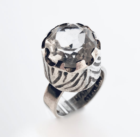 HANDMADE STERLING SILVER & ROCK CRYSTAL MODERNIST RING, SIZE?