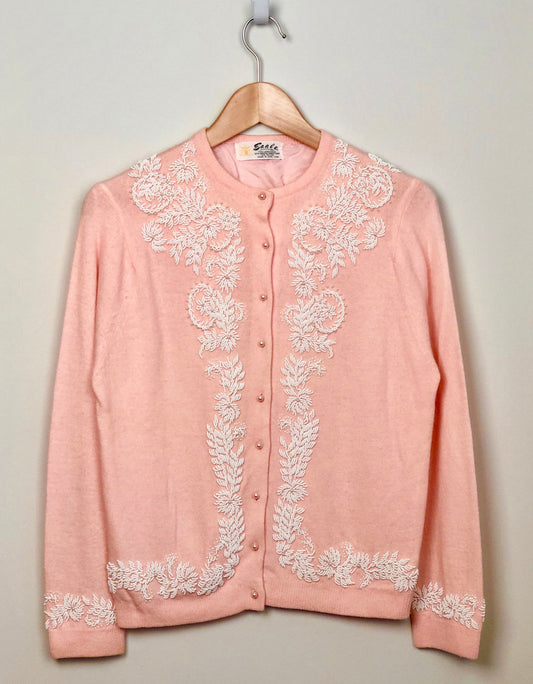 1950s Hong Kong  BEADED WOOL/ ANGORA CARDIGAN SWEATER FIFTIES PINK!