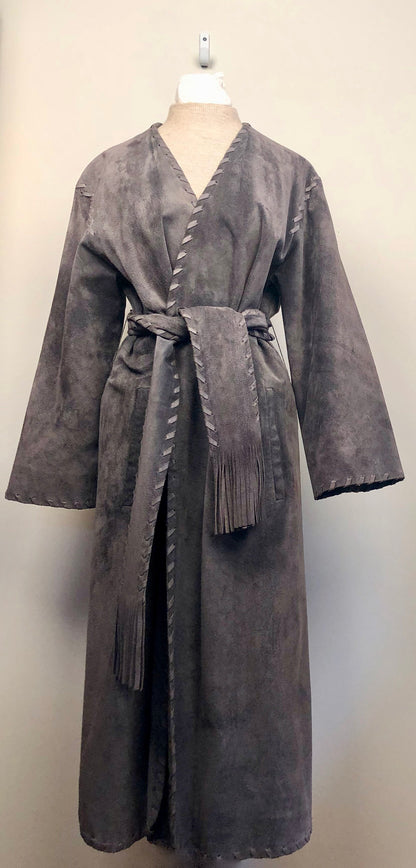 INCREDIBLE VINTAGE GREY MIDI LEATHER BELTED COAT