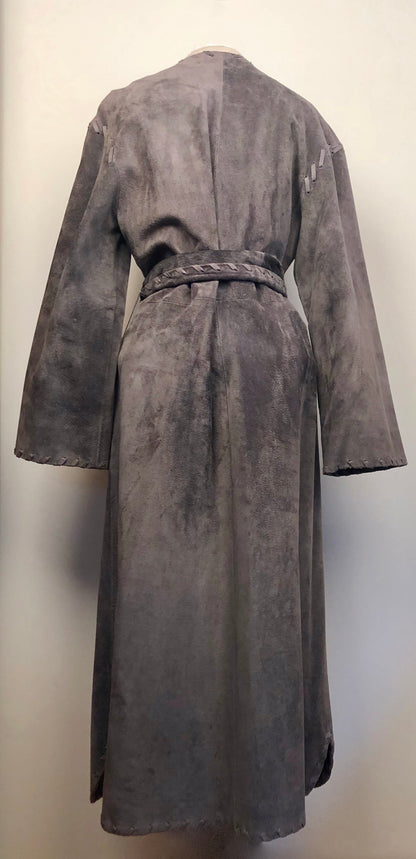 INCREDIBLE VINTAGE GREY MIDI LEATHER BELTED COAT