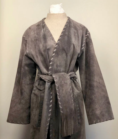 INCREDIBLE VINTAGE GREY MIDI LEATHER BELTED COAT