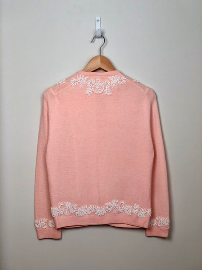 1950s Hong Kong  BEADED WOOL/ ANGORA CARDIGAN SWEATER FIFTIES PINK!