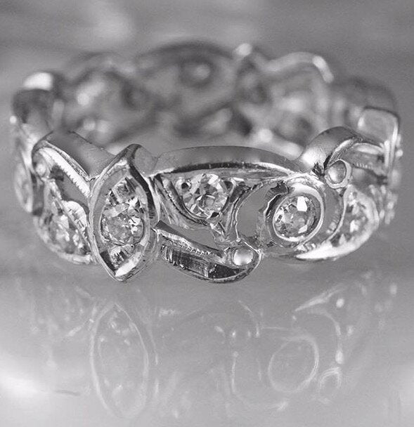 WHITE GOLD & DIAMOND FILGREE ETERNITY BAND RING, SIZE?