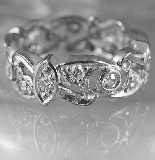 WHITE GOLD & DIAMOND FILGREE ETERNITY BAND RING, SIZE?