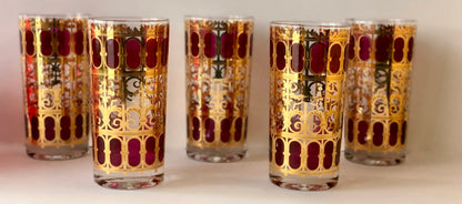 CULVER 22k GILT APPLIQUE TOM COLLINS VINTAGE BARWARE GLASSES- SET OF 5 plus 2 APERITIFS/DIGESTIFS or SHOTGLASSES