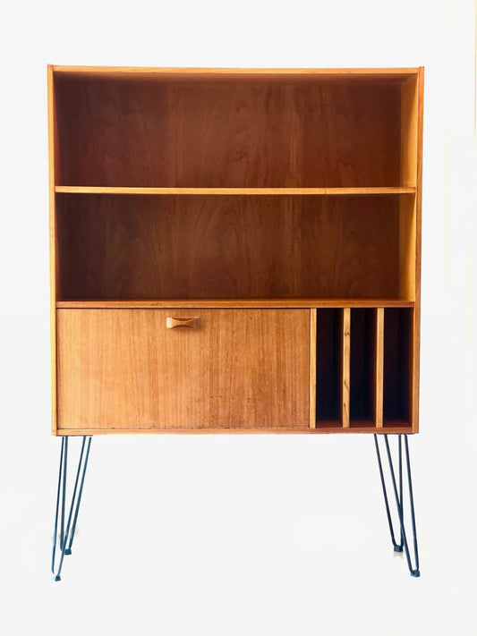 TEAK DROP FRONT BAR/STEREO BOOKCASE HAIRPIN LEGS