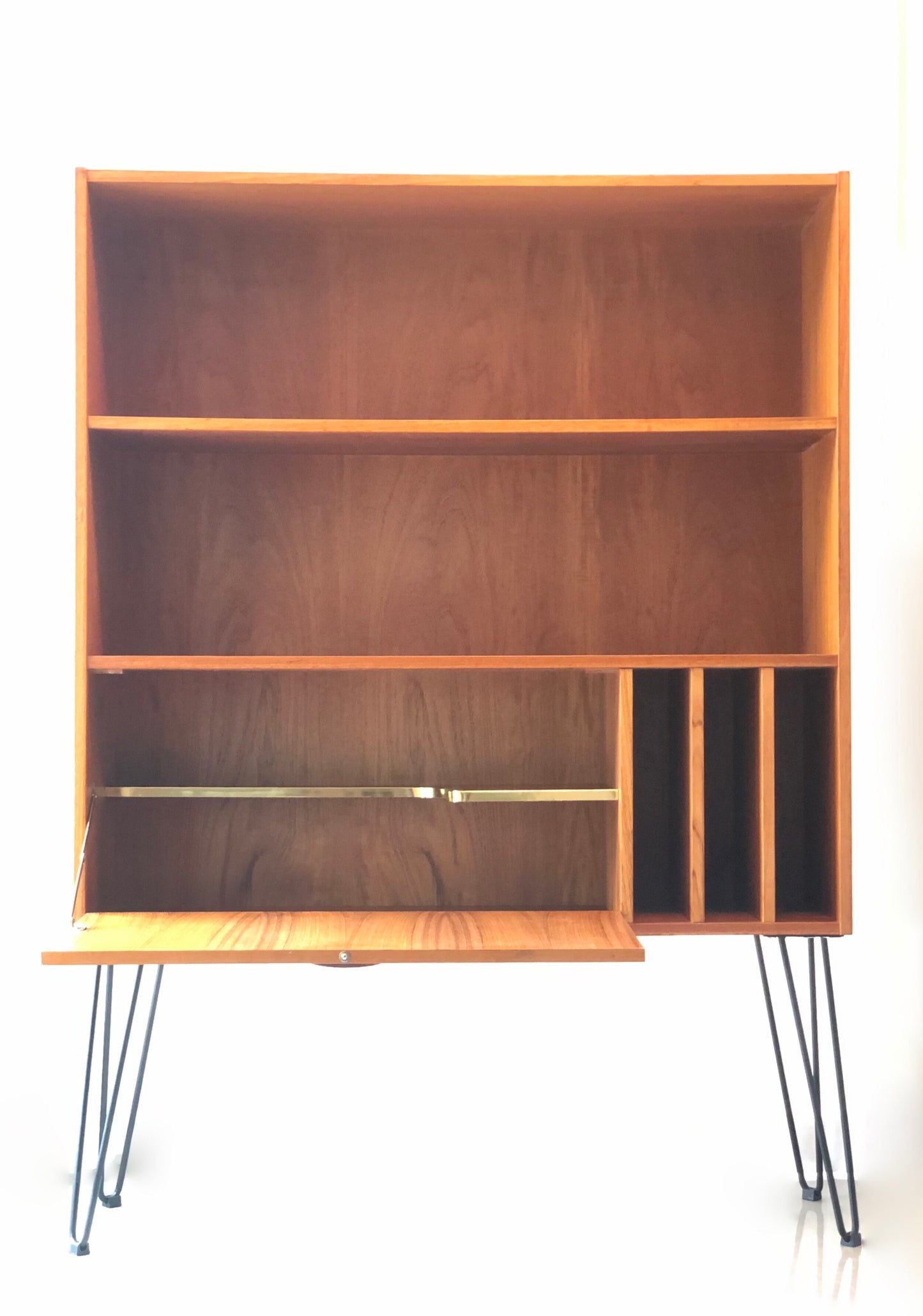 TEAK DROP FRONT BAR/STEREO BOOKCASE HAIRPIN LEGS