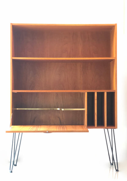 TEAK DROP FRONT BAR/STEREO BOOKCASE HAIRPIN LEGS