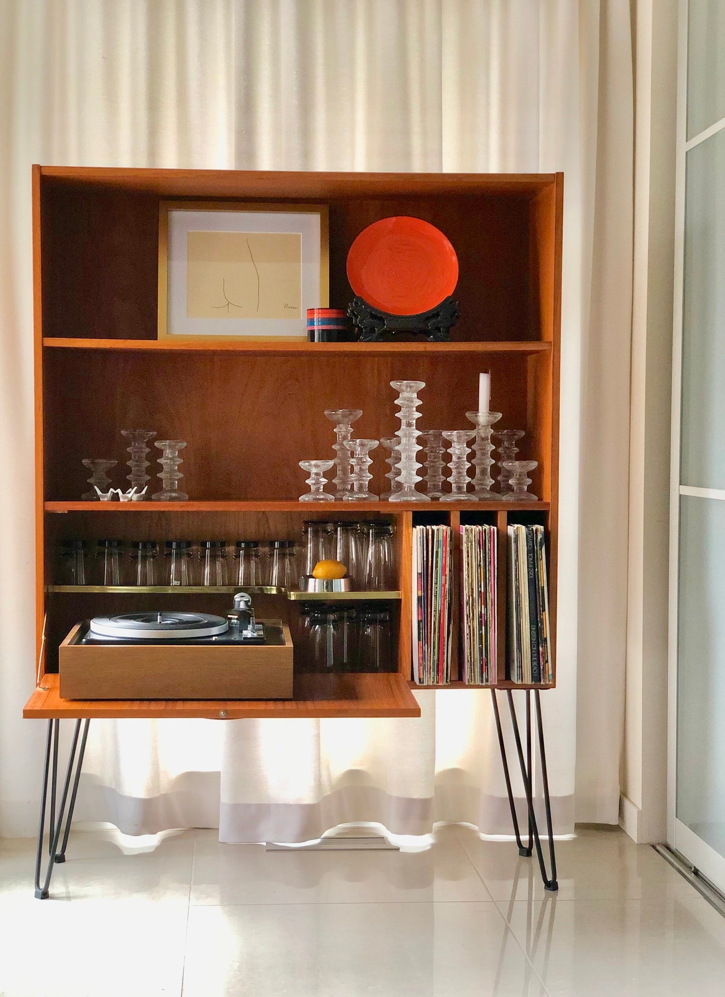 TEAK DROP FRONT BAR/STEREO BOOKCASE HAIRPIN LEGS