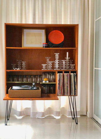 TEAK DROP FRONT BAR/STEREO BOOKCASE HAIRPIN LEGS