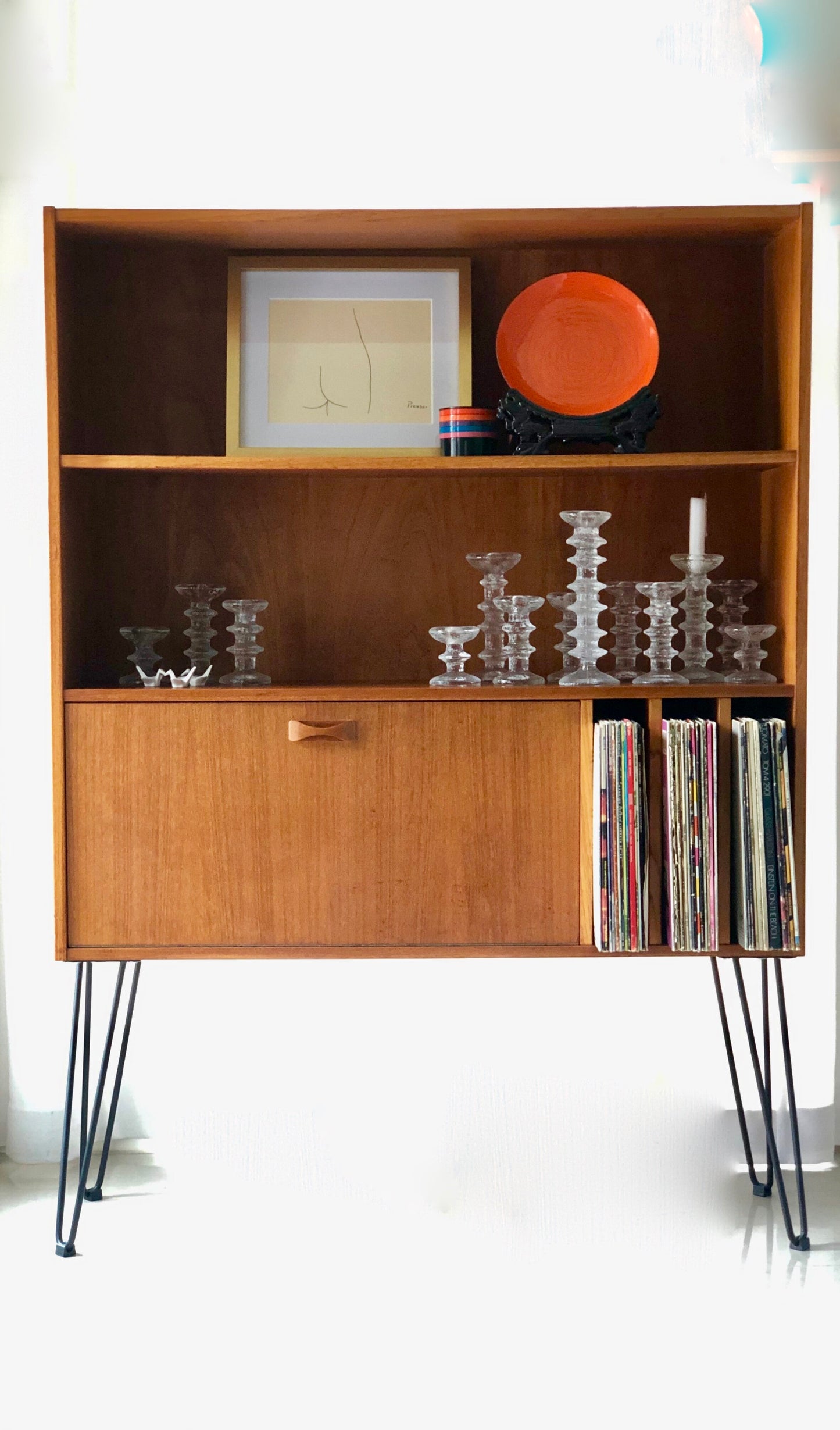TEAK DROP FRONT BAR/STEREO BOOKCASE HAIRPIN LEGS