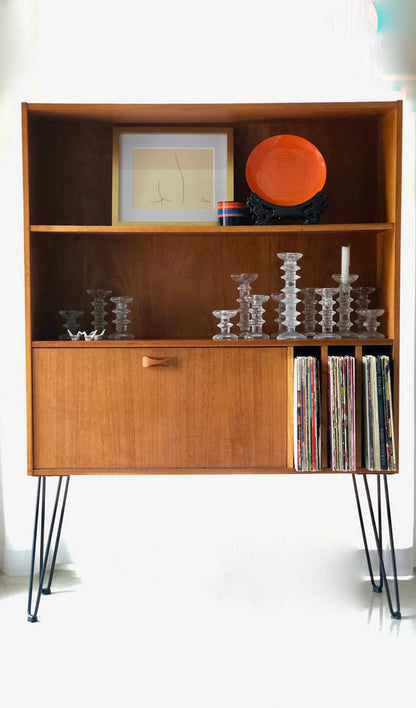 TEAK DROP FRONT BAR/STEREO BOOKCASE HAIRPIN LEGS