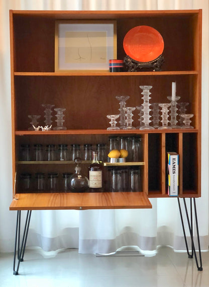 TEAK DROP FRONT BAR/STEREO BOOKCASE HAIRPIN LEGS