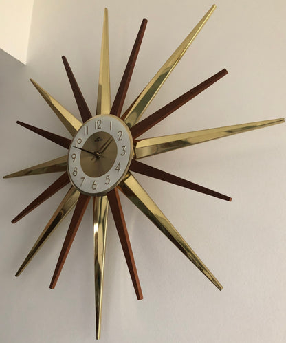 FANTASTIC TEAK & BRASS STARBURST | SUNBURST WALL CLOCK