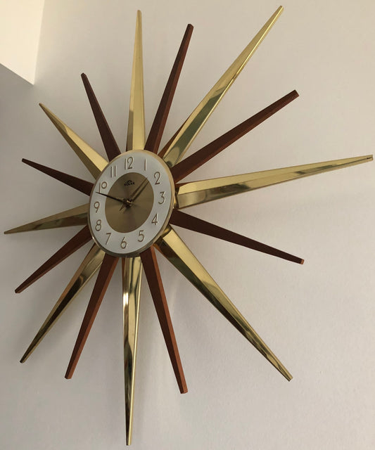 FANTASTIC TEAK & BRASS STARBURST | SUNBURST WALL CLOCK