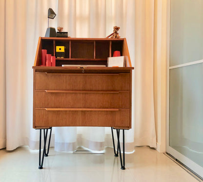 TEAK SECRETARY FOLD DOWN DESK w/ HAIRPIN LEGS