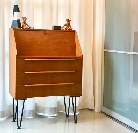 TEAK SECRETARY FOLD DOWN DESK w/ HAIRPIN LEGS