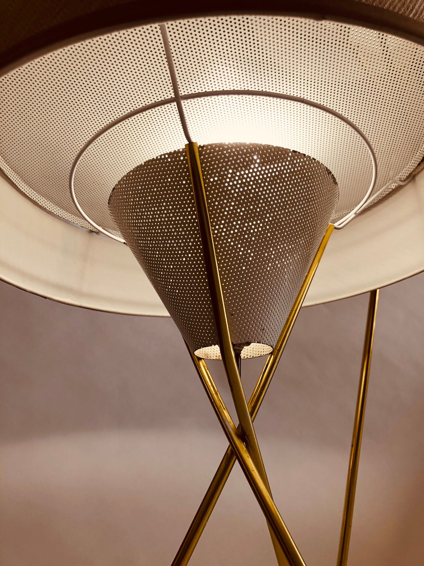 GERALD THURSTON for LIGHTOLIER TRIPOD BASE FLOOR LAMP w/ NEW CUSTOM LAMPSHADE