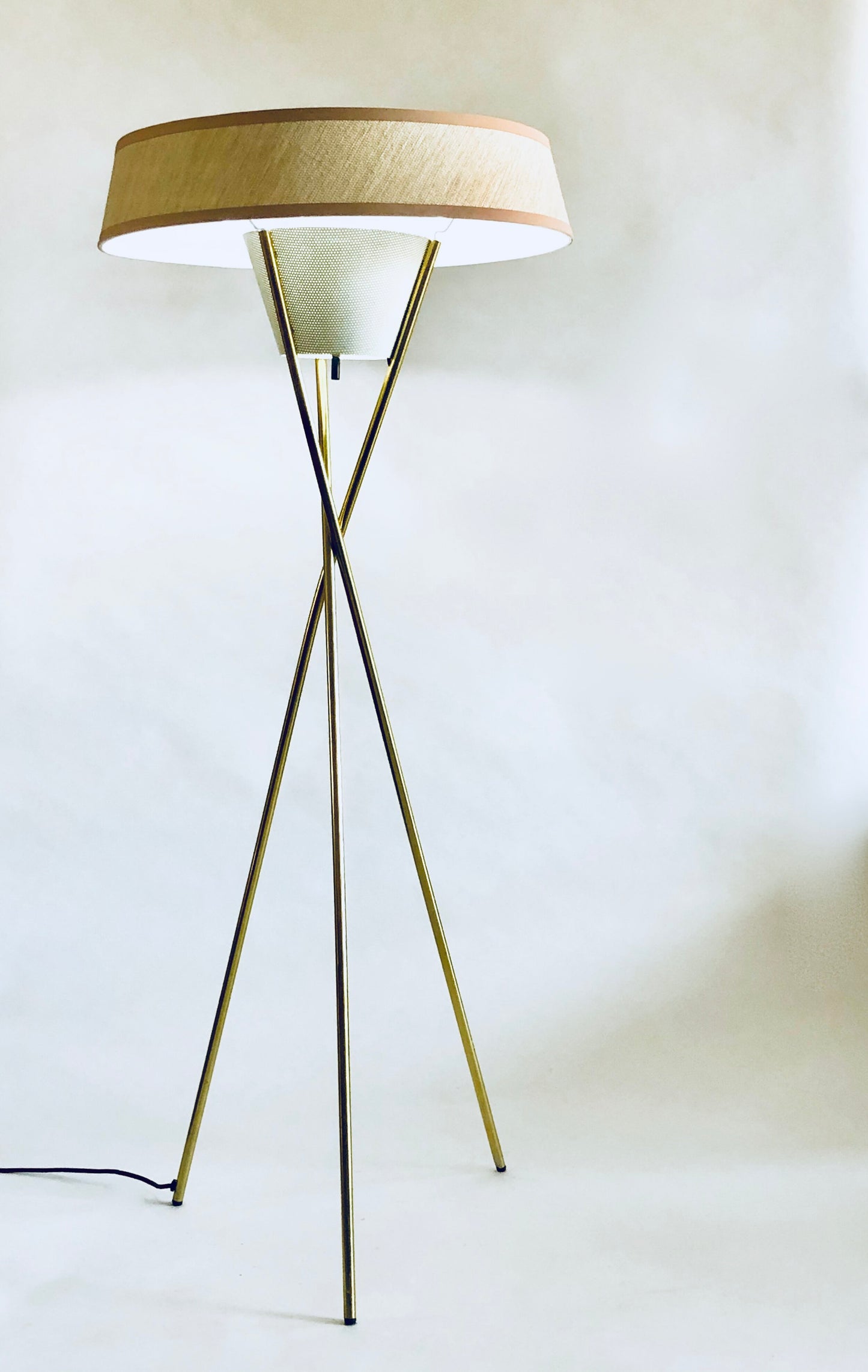 GERALD THURSTON for LIGHTOLIER TRIPOD BASE FLOOR LAMP w/ NEW CUSTOM LAMPSHADE