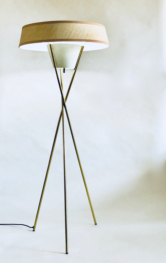 GERALD THURSTON for LIGHTOLIER TRIPOD BASE FLOOR LAMP w/ NEW CUSTOM LAMPSHADE