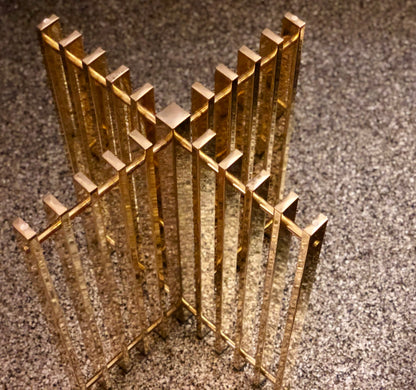 1980s BRASS SLAT PEDESTAL /PIERRE CARDIN STYLE TEMPERED GLASS TOP TABLE TABLE